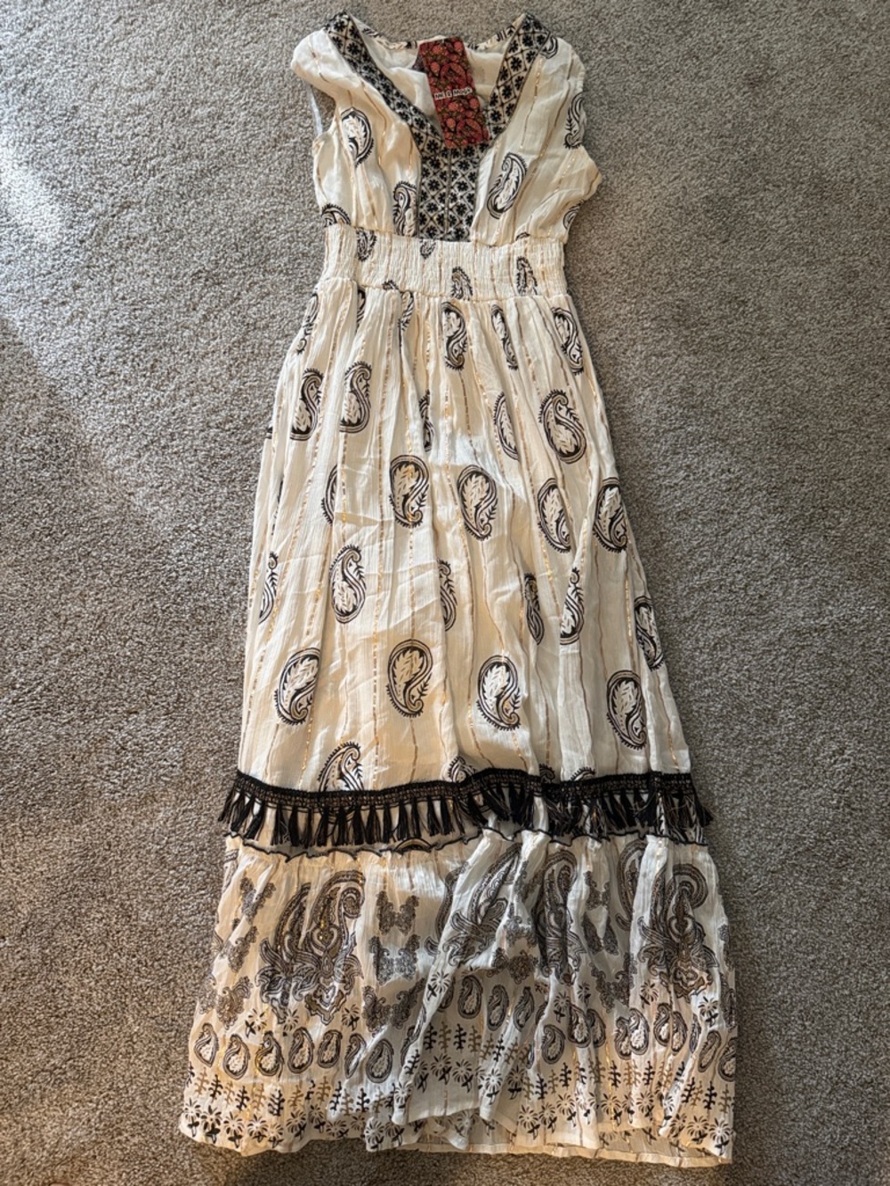 #262. Boho Cream and Black Paisley Maxi Dress